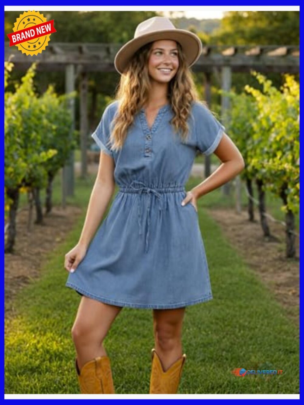 Short Sleeve Notch V Neck Button Tie Waist A Line Denim Mini Dress with Pockets - Picture 2 of 7